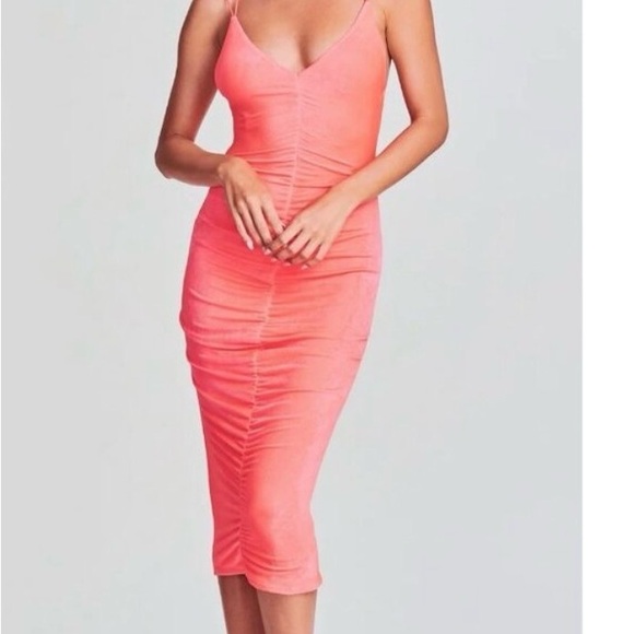 SER.O.YA Dresses & Skirts - SER.O.YA Neon Coral Ruched Bodycon Midi Dress NWT S Spaghetti Strap
